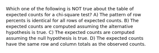 Which one of the following is NOT true about the table of expected counts for a chi-square test? A) The pattern of row percents is identical for all rows of expected counts. B) The expected counts are computed assuming the alternative hypothesis is true. C) The expected counts are computed assuming the null hypothesis is true. D) The expected counts have the same row and column totals as the observed counts.