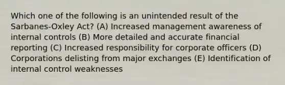 Which one of the following is an unintended result of the Sarbanes-Oxley Act? (A) Increased management awareness of internal controls (B) More detailed and accurate financial reporting (C) Increased responsibility for corporate officers (D) Corporations delisting from major exchanges (E) Identification of internal control weaknesses