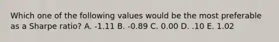 Which one of the following values would be the most preferable as a Sharpe ratio? A. -1.11 B. -0.89 C. 0.00 D. .10 E. 1.02