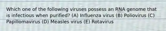 Which one of the following viruses possess an RNA genome that is infectious when purified? (A) Influenza virus (B) Poliovirus (C) Papillomavirus (D) Measles virus (E) Rotavirus