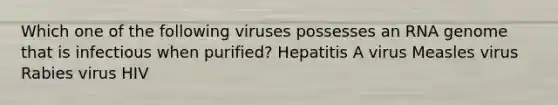 Which one of the following viruses possesses an RNA genome that is infectious when purified? Hepatitis A virus Measles virus Rabies virus HIV