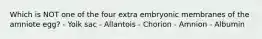 Which is NOT one of the four extra embryonic membranes of the amniote egg? - Yolk sac - Allantois - Chorion - Amnion - Albumin