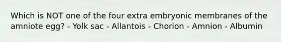 Which is NOT one of the four extra embryonic membranes of the amniote egg? - Yolk sac - Allantois - Chorion - Amnion - Albumin