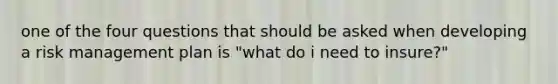 one of the four questions that should be asked when developing a risk management plan is "what do i need to insure?"