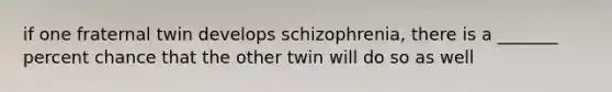 if one fraternal twin develops schizophrenia, there is a _______ percent chance that the other twin will do so as well