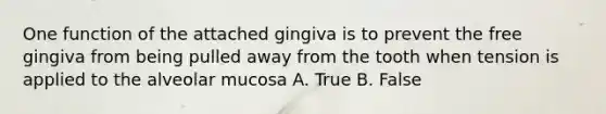 One function of the attached gingiva is to prevent the free gingiva from being pulled away from the tooth when tension is applied to the alveolar mucosa A. True B. False