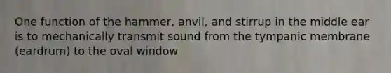 One function of the hammer, anvil, and stirrup in the middle ear is to mechanically transmit sound from the tympanic membrane (eardrum) to the oval window