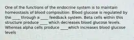 One of the functions of the endocrine system is to maintain homeostasis of blood composition. Blood glucose is regulated by the ____ through a ____ feedback system. Beta cells within this structure produce ____ which decreases blood glucose levels. Whereas alpha cells produce ____which increases blood glucose levels