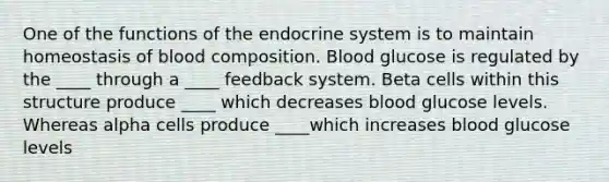 One of the functions of the endocrine system is to maintain homeostasis of blood composition. Blood glucose is regulated by the ____ through a ____ feedback system. Beta cells within this structure produce ____ which decreases blood glucose levels. Whereas alpha cells produce ____which increases blood glucose levels