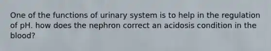 One of the functions of urinary system is to help in the regulation of pH. how does the nephron correct an acidosis condition in <a href='https://www.questionai.com/knowledge/k7oXMfj7lk-the-blood' class='anchor-knowledge'>the blood</a>?