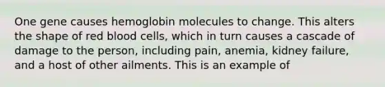 One gene causes hemoglobin molecules to change. This alters the shape of red blood cells, which in turn causes a cascade of damage to the person, including pain, anemia, kidney failure, and a host of other ailments. This is an example of