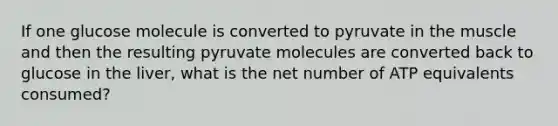 If one glucose molecule is converted to pyruvate in the muscle and then the resulting pyruvate molecules are converted back to glucose in the liver, what is the net number of ATP equivalents consumed?