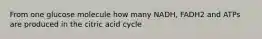 From one glucose molecule how many NADH, FADH2 and ATPs are produced in the citric acid cycle