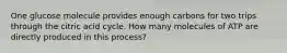One glucose molecule provides enough carbons for two trips through the citric acid cycle. How many molecules of ATP are directly produced in this process?