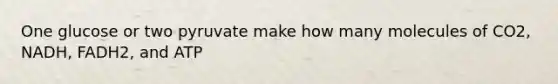 One glucose or two pyruvate make how many molecules of CO2, NADH, FADH2, and ATP