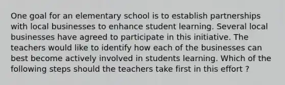 One goal for an elementary school is to establish partnerships with local businesses to enhance student learning. Several local businesses have agreed to participate in this initiative. The teachers would like to identify how each of the businesses can best become actively involved in students learning. Which of the following steps should the teachers take first in this effort ?