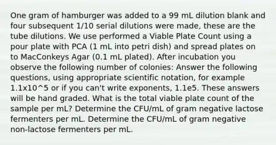 One gram of hamburger was added to a 99 mL dilution blank and four subsequent 1/10 serial dilutions were made, these are the tube dilutions. We use performed a Viable Plate Count using a pour plate with PCA (1 mL into petri dish) and spread plates on to MacConkeys Agar (0.1 mL plated). After incubation you observe the following number of colonies: Answer the following questions, using appropriate <a href='https://www.questionai.com/knowledge/kiQSMgChcx-scientific-notation' class='anchor-knowledge'>scientific notation</a>, for example 1.1x10^5 or if you can't write exponents, 1.1e5. These answers will be hand graded. What is the total viable plate count of the sample per mL? Determine the CFU/mL of gram negative lactose fermenters per mL. Determine the CFU/mL of gram negative non-lactose fermenters per mL.