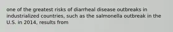 one of the greatest risks of diarrheal disease outbreaks in industrialized countries, such as the salmonella outbreak in the U.S. in 2014, results from