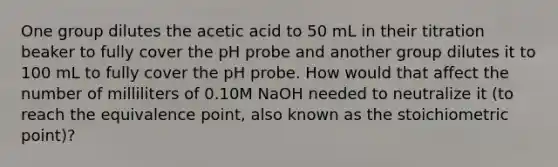 One group dilutes the acetic acid to 50 mL in their titration beaker to fully cover the pH probe and another group dilutes it to 100 mL to fully cover the pH probe. How would that affect the number of milliliters of 0.10M NaOH needed to neutralize it (to reach the equivalence point, also known as the stoichiometric point)?