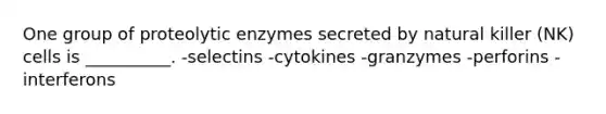 One group of proteolytic enzymes secreted by natural killer (NK) cells is __________. -selectins -cytokines -granzymes -perforins -interferons