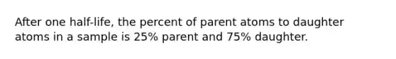 After one half-life, the percent of parent atoms to daughter atoms in a sample is 25% parent and 75% daughter.