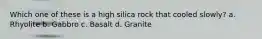 Which one of these is a high silica rock that cooled slowly? a. Rhyolite b. Gabbro c. Basalt d. Granite