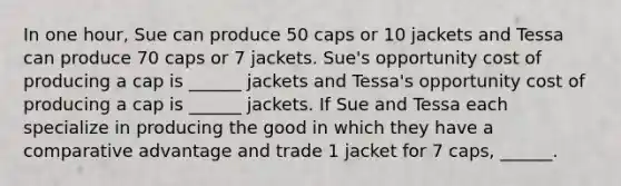 In one​ hour, Sue can produce 50 caps or 10 jackets and Tessa can produce 70 caps or 7 jackets. ​Sue's opportunity cost of producing a cap is​ ______ jackets and​ Tessa's opportunity cost of producing a cap is​ ______ jackets. If Sue and Tessa each specialize in producing the good in which they have a comparative advantage and trade 1 jacket for 7 ​caps, ______.