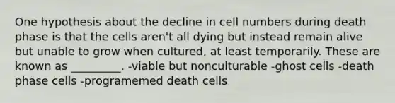 One hypothesis about the decline in cell numbers during death phase is that the cells aren't all dying but instead remain alive but unable to grow when cultured, at least temporarily. These are known as _________. -viable but nonculturable -ghost cells -death phase cells -programemed death cells