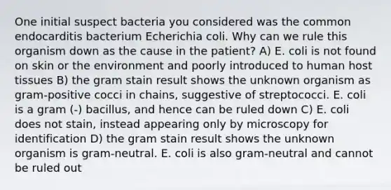 One initial suspect bacteria you considered was the common endocarditis bacterium Echerichia coli. Why can we rule this organism down as the cause in the patient? A) E. coli is not found on skin or the environment and poorly introduced to human host tissues B) the gram stain result shows the unknown organism as gram-positive cocci in chains, suggestive of streptococci. E. coli is a gram (-) bacillus, and hence can be ruled down C) E. coli does not stain, instead appearing only by microscopy for identification D) the gram stain result shows the unknown organism is gram-neutral. E. coli is also gram-neutral and cannot be ruled out