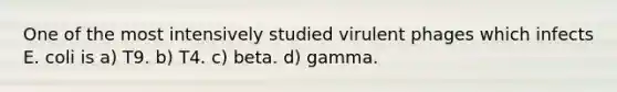 One of the most intensively studied virulent phages which infects E. coli is a) T9. b) T4. c) beta. d) gamma.