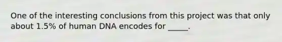 One of the interesting conclusions from this project was that only about 1.5% of human DNA encodes for _____.