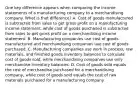 One key difference appears when comparing the income statements of a manufacturing company to a merchandising company. What is that difference? A. Cost of goods manufactured is subtracted from sales to get gross profit on a manufacturing income statement, while cost of goods purchased is subtracted from sales to get gross profit on a merchandising income statement. B. Manufacturing companies use cost of goods manufactured and merchandising companies use cost of goods purchased. C. Manufacturing companies use work in process, raw materials, and finished goods inventory balances to calculate cost of goods sold, while merchandising companies use only merchandise inventory balances. D. Cost of goods sold equals the cost of merchandise purchased for a merchandising company, while cost of goods sold equals the cost of raw materials purchased for a manufacturing company.