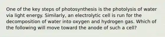 One of the key steps of photosynthesis is the photolysis of water via light energy. Similarly, an electrolytic cell is run for the decomposition of water into oxygen and hydrogen gas. Which of the following will move toward the anode of such a cell?