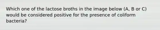Which one of the lactose broths in the image below (A, B or C) would be considered positive for the presence of coliform bacteria?