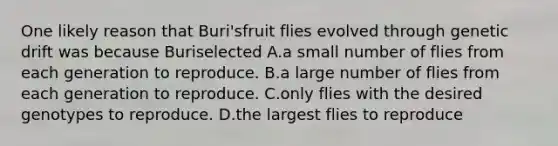 One likely reason that Buri'sfruit flies evolved through genetic drift was because Buriselected A.a small number of flies from each generation to reproduce. B.a large number of flies from each generation to reproduce. C.only flies with the desired genotypes to reproduce. D.the largest flies to reproduce