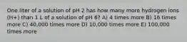 One liter of a solution of pH 2 has how many more hydrogen ions (H+) than 1 L of a solution of pH 6? A) 4 times more B) 16 times more C) 40,000 times more D) 10,000 times more E) 100,000 times more