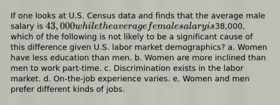 If one looks at U.S. Census data and finds that the average male salary is 43,000 while the average female salary is38,000, which of the following is not likely to be a significant cause of this difference given U.S. labor market demographics? a. Women have less education than men. b. Women are more inclined than men to work part-time. c. Discrimination exists in the labor market. d. On-the-job experience varies. e. Women and men prefer different kinds of jobs.