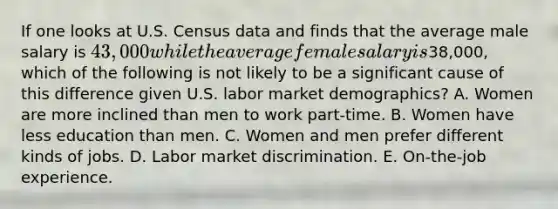 If one looks at U.S. Census data and finds that the average male salary is 43,000 while the average female salary is38,000, which of the following is not likely to be a significant cause of this difference given U.S. labor market demographics? A. Women are more inclined than men to work part-time. B. Women have less education than men. C. Women and men prefer different kinds of jobs. D. Labor market discrimination. E. On-the-job experience.