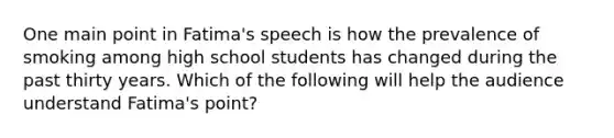 One main point in Fatima's speech is how the prevalence of smoking among high school students has changed during the past thirty years. Which of the following will help the audience understand Fatima's point?