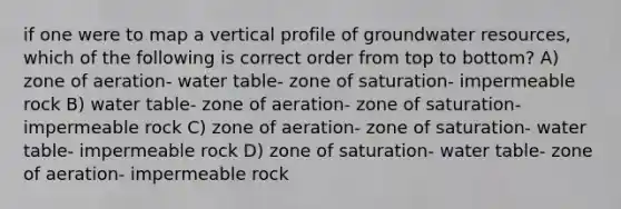 if one were to map a vertical profile of groundwater resources, which of the following is correct order from top to bottom? A) zone of aeration- water table- zone of saturation- impermeable rock B) water table- zone of aeration- zone of saturation- impermeable rock C) zone of aeration- zone of saturation- water table- impermeable rock D) zone of saturation- water table- zone of aeration- impermeable rock