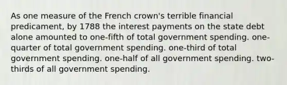 As one measure of the French crown's terrible financial predicament, by 1788 the interest payments on the state debt alone amounted to one-fifth of total government spending. one-quarter of total government spending. one-third of total government spending. one-half of all government spending. two-thirds of all government spending.