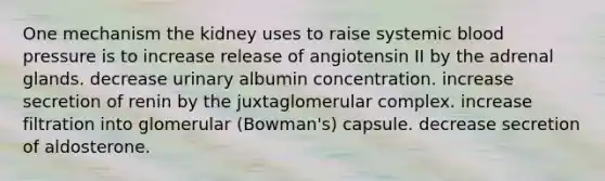 One mechanism the kidney uses to raise systemic <a href='https://www.questionai.com/knowledge/kD0HacyPBr-blood-pressure' class='anchor-knowledge'>blood pressure</a> is to increase release of angiotensin II by the adrenal glands. decrease urinary albumin concentration. increase secretion of renin by the juxtaglomerular complex. increase filtration into glomerular (Bowman's) capsule. decrease secretion of aldosterone.