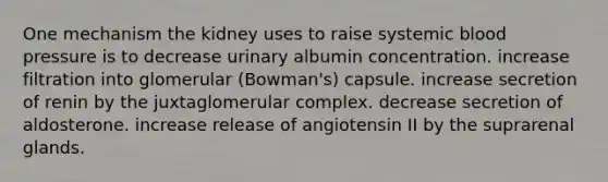 One mechanism the kidney uses to raise systemic blood pressure is to decrease urinary albumin concentration. increase filtration into glomerular (Bowman's) capsule. increase secretion of renin by the juxtaglomerular complex. decrease secretion of aldosterone. increase release of angiotensin II by the suprarenal glands.