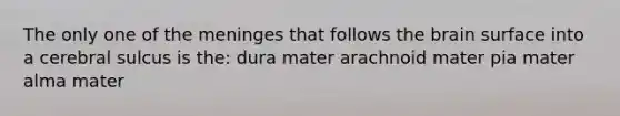 The only one of the meninges that follows the brain surface into a cerebral sulcus is the: dura mater arachnoid mater pia mater alma mater