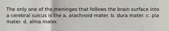 The only one of the meninges that follows the brain surface into a cerebral sulcus is the a. arachnoid mater. b. dura mater. c. pia mater. d. alma mater.