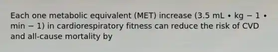 Each one metabolic equivalent (MET) increase (3.5 mL ∙ kg − 1 ∙ min − 1) in cardiorespiratory fitness can reduce the risk of CVD and all-cause mortality by