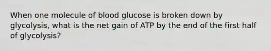 When one molecule of blood glucose is broken down by glycolysis, what is the net gain of ATP by the end of the first half of glycolysis?