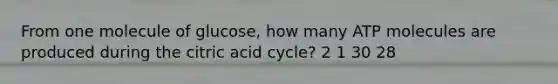 From one molecule of glucose, how many ATP molecules are produced during the citric acid cycle? 2 1 30 28