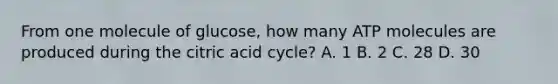 From one molecule of glucose, how many ATP molecules are produced during the citric acid cycle? A. 1 B. 2 C. 28 D. 30