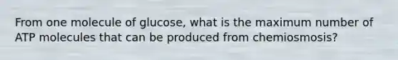 From one molecule of glucose, what is the maximum number of ATP molecules that can be produced from chemiosmosis?